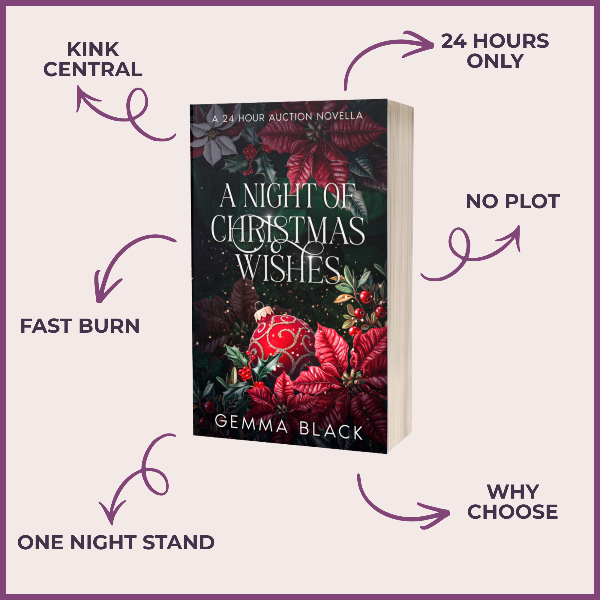 Promotional graphic featuring A Night of Christmas Wishes by Gemma Black, with a festive red and green floral cover. Labels highlight kink central, fast burn, one-night stand, why choose, no plot and a 24-hour-only story.
