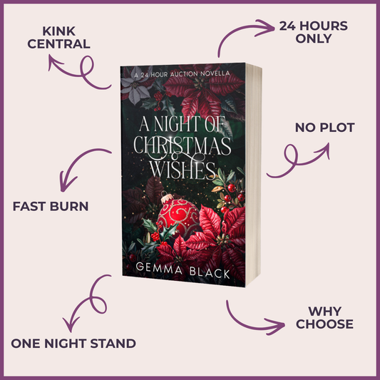 Promotional graphic featuring A Night of Christmas Wishes by Gemma Black, with a festive red and green floral cover. Labels highlight kink central, fast burn, one-night stand, why choose, no plot and a 24-hour-only story.