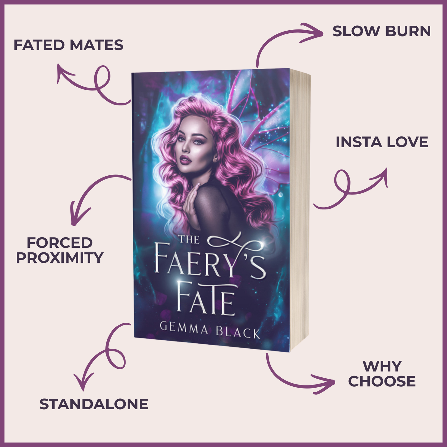 Promotional graphic featuring The Faery’s Fate by Gemma Black, with a pink-haired faery on a glowing blue and purple cover. Labels highlight fated mates, slow burn, forced proximity, insta love, why choose and standalone.