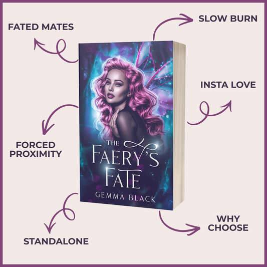 Promotional graphic featuring The Faery’s Fate by Gemma Black, with a pink-haired faery on a glowing blue and purple cover. Labels highlight fated mates, slow burn, forced proximity, insta love, why choose and standalone.