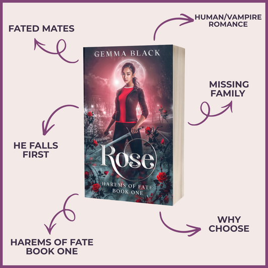 Book cover for 'Rose: Harem of Fate Book One' by Gemma Black, shown on a light beige background with purple text callouts describing themes like fated mates, human/vampire romance, missing family, he falls first, and why choose.