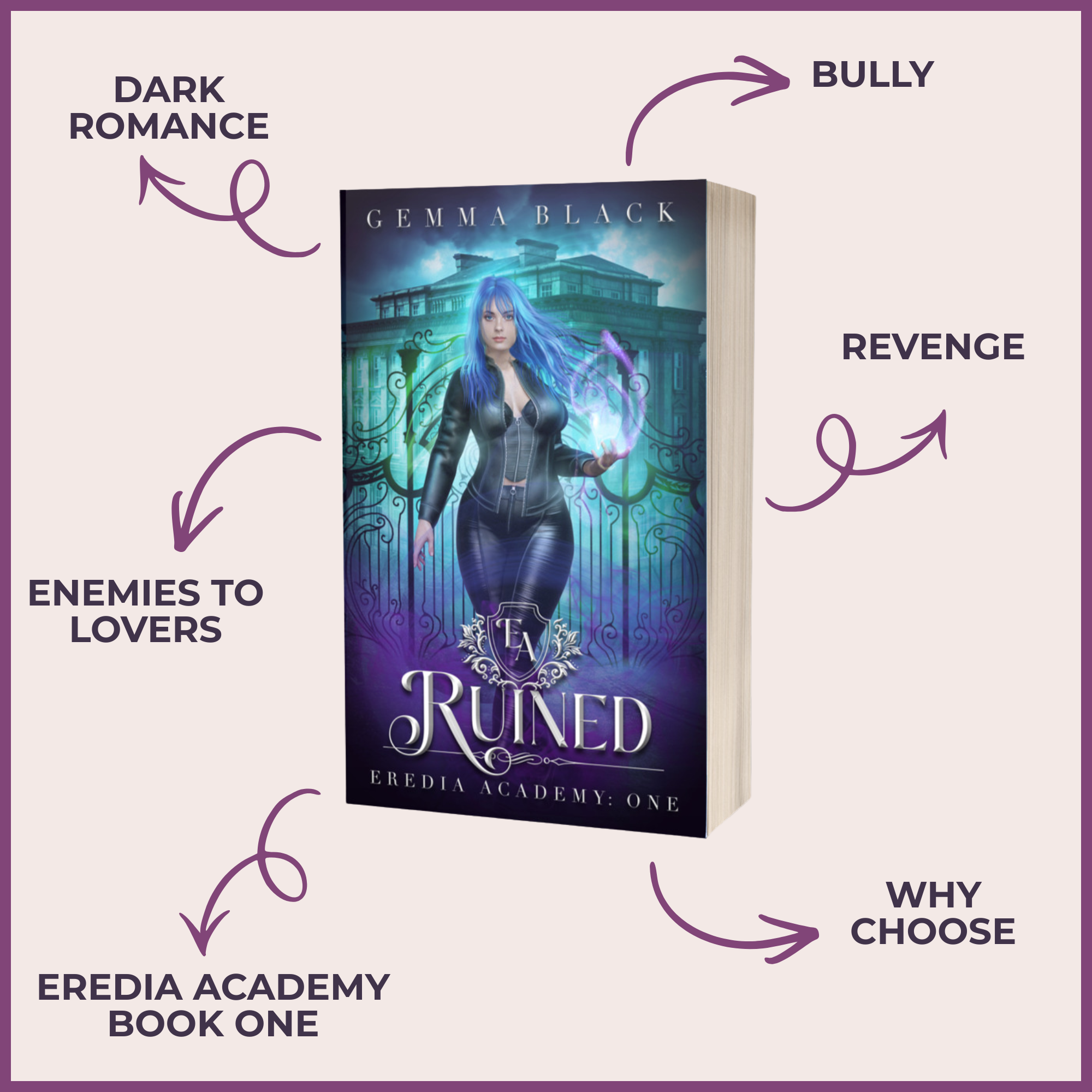 Book cover mockup for the fantasy novel 'The Ruined' by Gemma Black, shown as a 3D book box with text callouts around it on a pale pink background with a purple border. Arrows point to the book from surrounding words: 'Dark Romance,' 'Bully,' 'Revenge,' 'Enemies to Lovers,' 'Why Choose,' and 'Eredia Academy Book One.