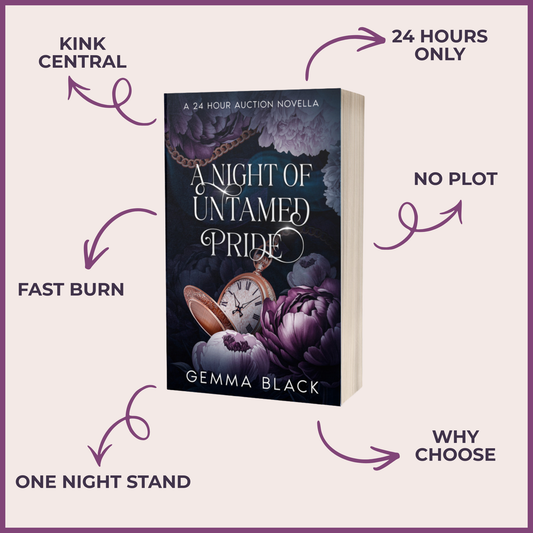 Book cover mockup for the novella 'A Night of Untamed Pride' by Gemma Black, surrounded by purple marketing callouts on a pale pink background. Arrows point to the book with phrases including 'Kink Central', '24 Hours Only', 'Fast Burn', 'No Plot', 'Why Choose', and 'One Night Stand'.