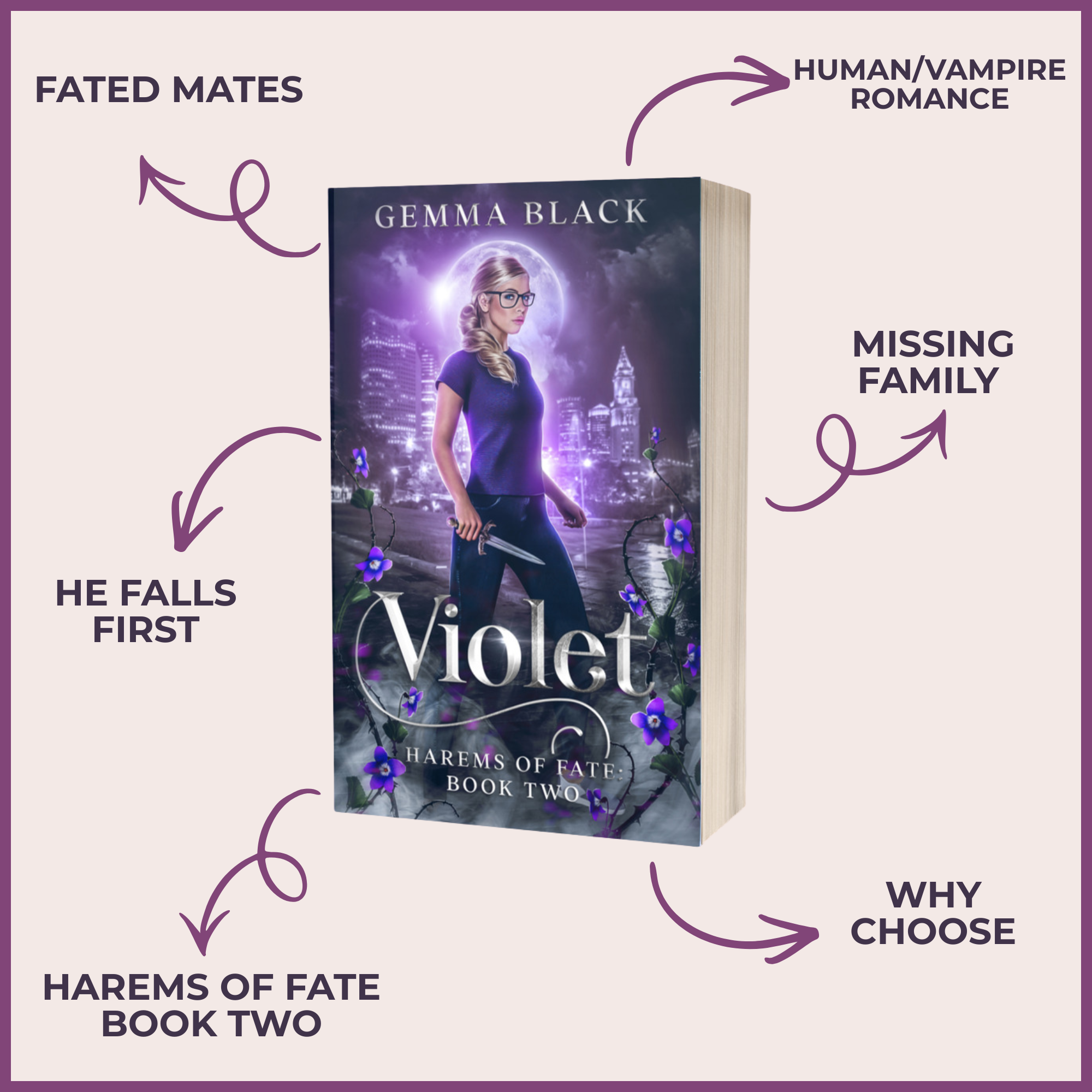 Book cover mockup for the romance novel 'Violet' by Gemma Black, shown with decorative purple arrows and text labels around it on a pale pink background. The cover depicts a woman in a purple dress in front of a moonlit city scene, and the text 'Harems of Fate Book Two' appears at the bottom.